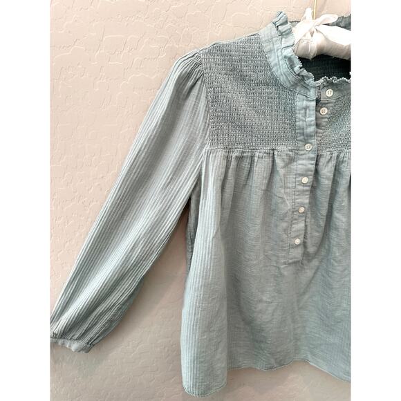 J.CREW | Pale Blue Smocked Yoke Button Front Blouse | Size Small - Picture 3 of 5